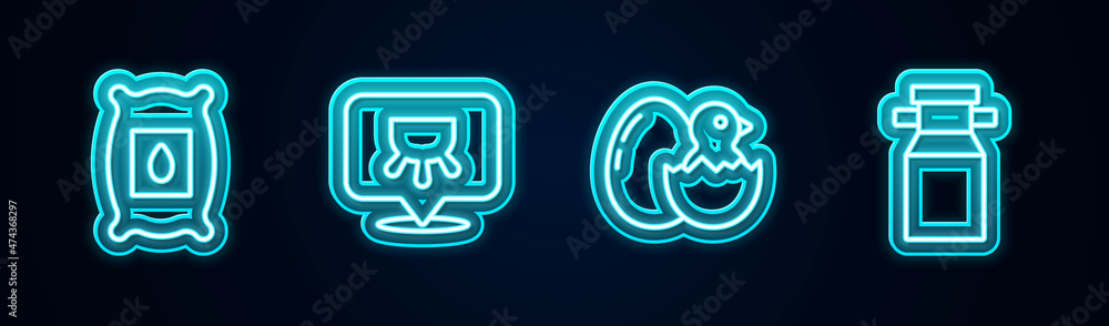 Obraz premium Set line Pack full of seeds of plant, Udder, Little chick in cracked egg and Can container for milk. Glowing neon icon. Vector