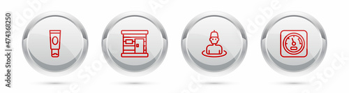 Set line Cream or lotion cosmetic tube, Sauna wooden bathhouse, Man in the sauna and thermometer. Silver circle button. Vector