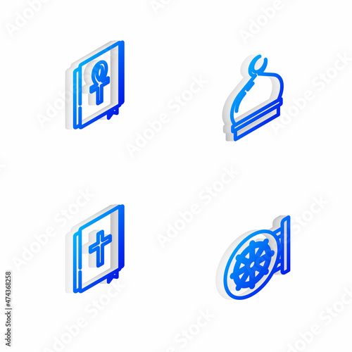 Set Isometric line Muslim Mosque, Cross ankh book, Holy bible and Dharma wheel icon. Vector