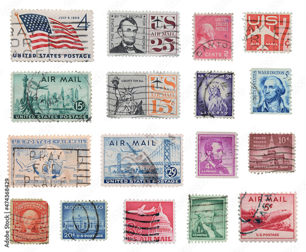 United States of America postage stamps isolated on a background.