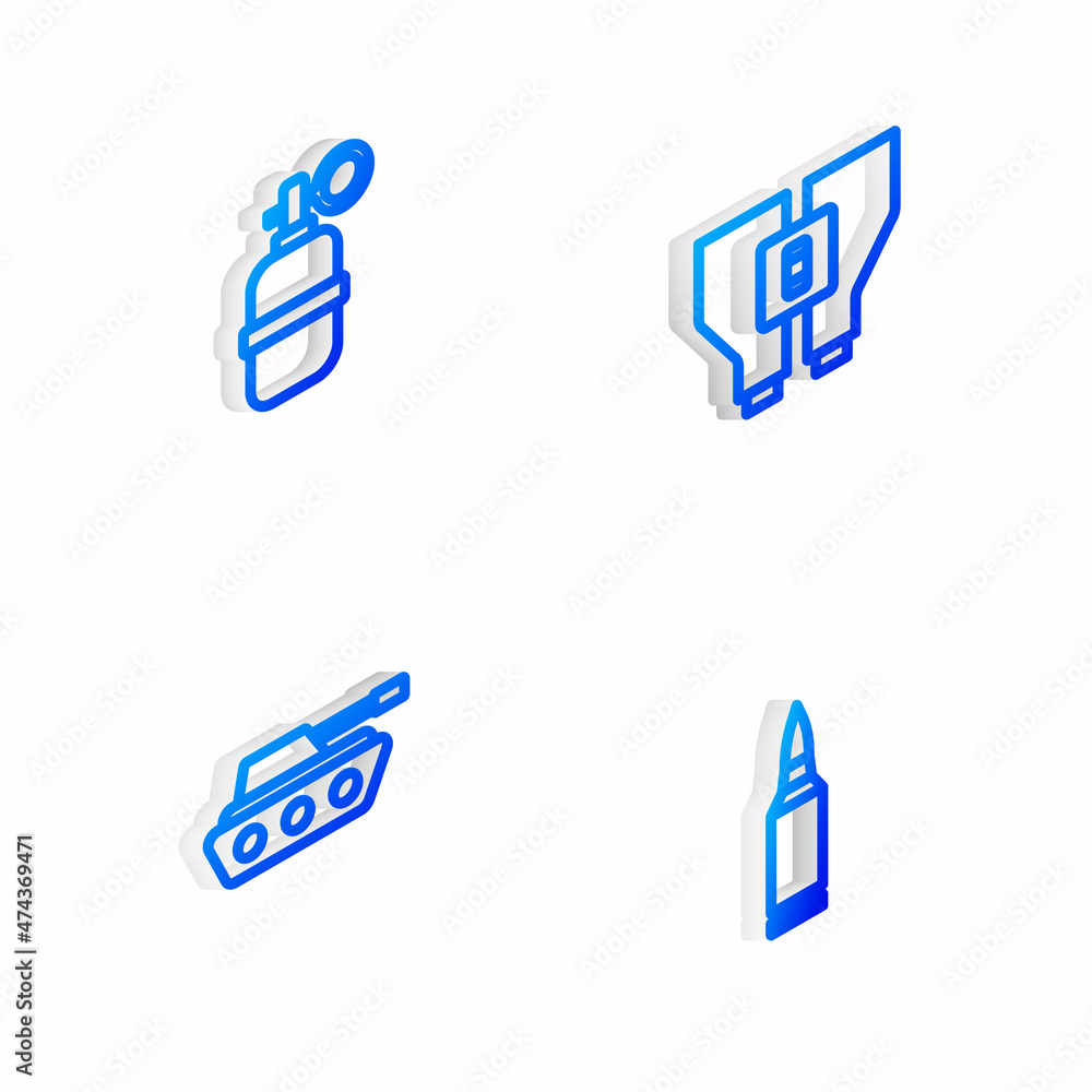 Set Isometric line Binoculars, Hand grenade, Military tank and Bullet icon. Vector Set Isometric line Binoculars, Hand grenade, Military tank and Bullet icon. Vector