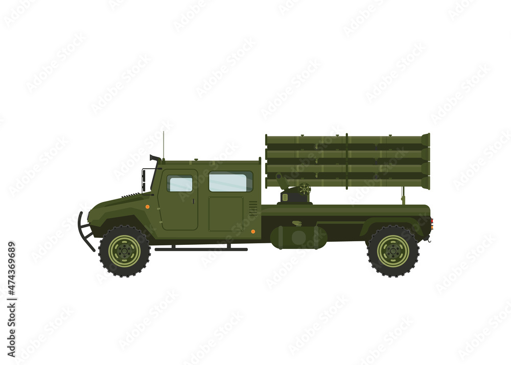 Multiple Rocket Launcher, Military Truck with Intercontinental Ballistic Rocket Flat Vector Illustration