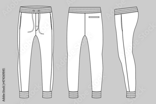 Fleece fabric Jogger Sweatpants overall technical fashion flat sketch vector illustration template front, back and side views isolated on Grey background.