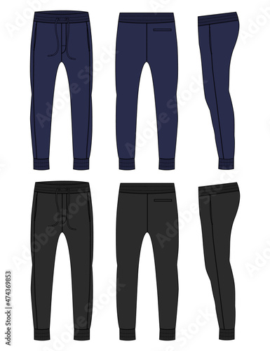 Black and navy color Basic Sweat pant technical fashion flat sketch template front, back, Side views. Apparel Fleece Cotton jogger pants vector illustration drawing mock up for kids and boys. 