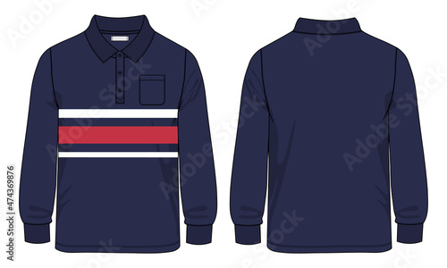 Long Sleeve Navy Color polo Shirt Red and White Chest Stripe with pocket technical Fashion flat sketch Vector Illustration Drawing Template Front And back views isolated on white Background.