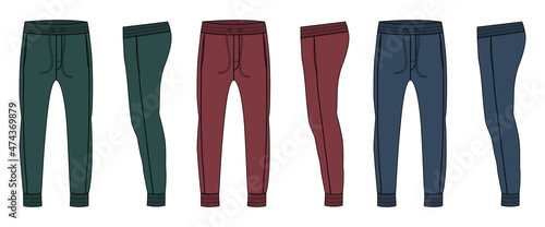 Multi color Set of collection Basic Sweat pant technical fashion flat sketch template front and back views. Apparel Fleece Cotton jogger pants vector illustration drawing mock.