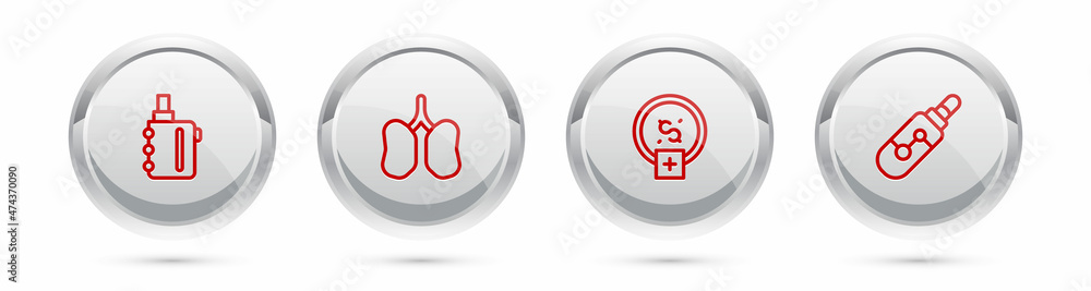Set line Electronic cigarette, Lungs, Stop smoking, money saving and . Silver circle button. Vector Set line Electronic cigarette, Lungs, Stop smoking, money saving and . Silver circle button. Vector
