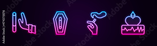 Set line Giving up cigarette, Death from smoking, Hand with and Heartbeat increase. Glowing neon icon. Vector