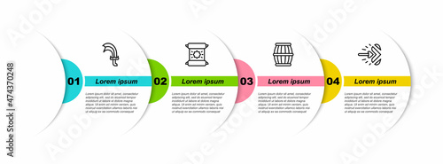 Set line Sword for game, Decree, parchment, scroll, Gun powder barrel and Magic arrow. Business infographic template. Vector