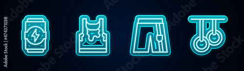 Set line Energy drink, Sweaty sleeveless t-shirt, Short or pants and Gymnastic rings. Glowing neon icon. Vector