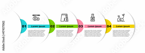 Set line Barbell, Short or pants, Vitamins and Stationary bicycle. Business infographic template. Vector