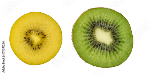 Yellow and green kiwi fruit slice on a white background. Bio fruits.