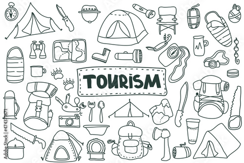 Doodle style tourism set.hand drawn vector camping clip art set. Isolated on white background drawing for prints, poster, cute stationery, travel design.Nature, forest recreation, sport.