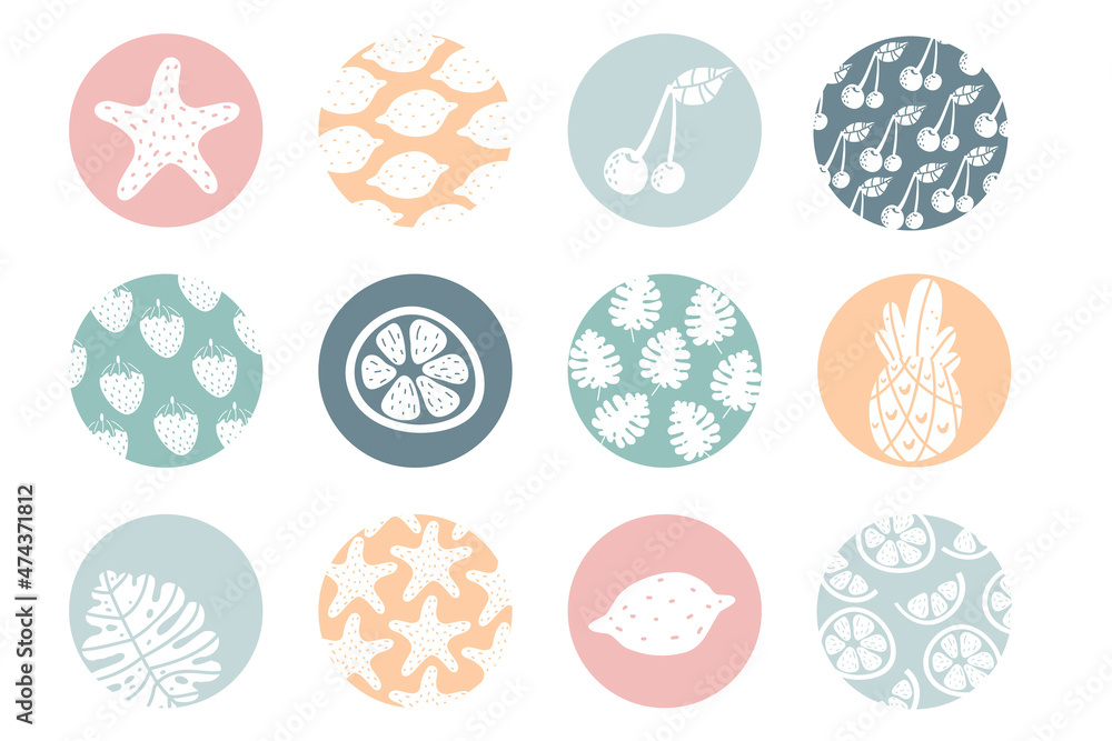 Highlight cover set, abstract floral, fruit botanical icons for social media. Vector illustration. Set of Instagram Story Highlights Covers Icons. Highlight cover set, abstract floral, fruit botanical icons for social media. Vector illustration. Set of Instagram Story Highlights Covers Icons.