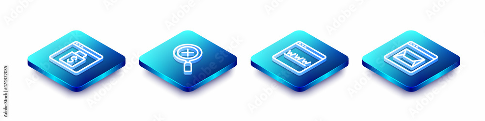 Set Isometric line Online shopping on screen, Magnifying glass and delete, Browser window and Website mail icon. Vector Set Isometric line Online shopping on screen, Magnifying glass and delete, Browser window and Website mail icon. Vector