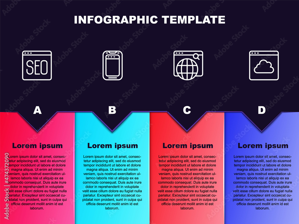 Set line SEO optimization, Mobile phone, Search engine and Cloud technology data transfer. Business infographic template. Vector