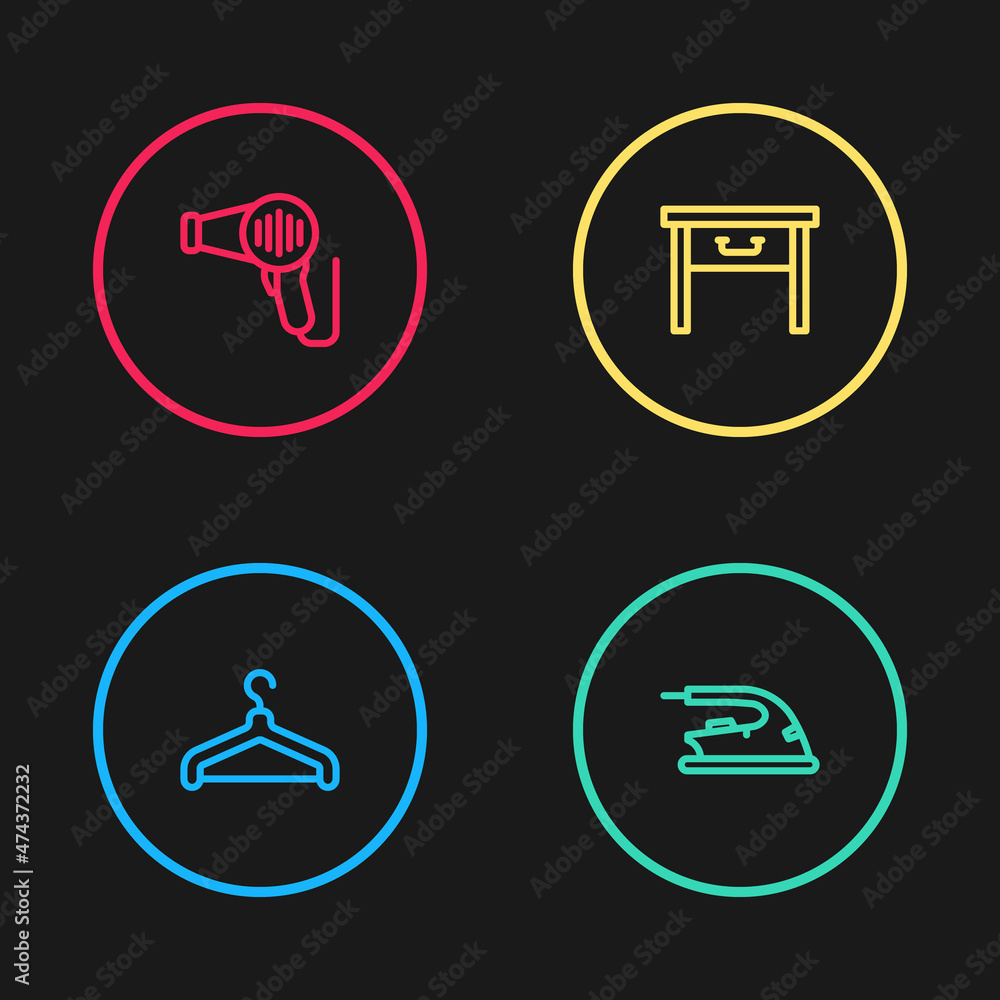 Set line Hanger wardrobe, Electric iron, Furniture nightstand and Hair dryer icon. Vector Set line Hanger wardrobe, Electric iron, Furniture nightstand and Hair dryer icon. Vector