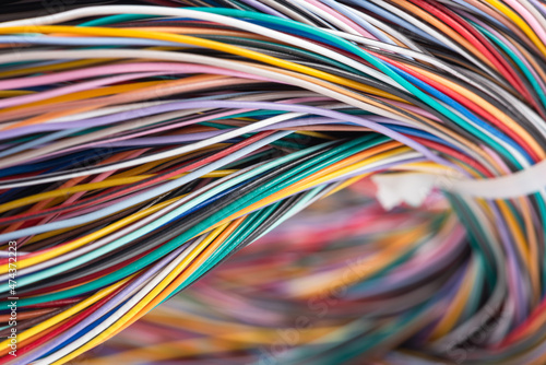 Colored electric telecommunication cables close-up