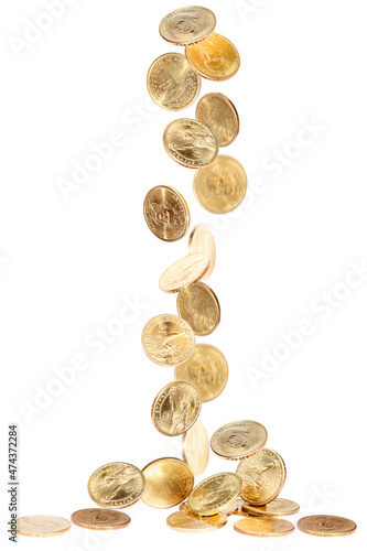 American golden dollars falling on white background