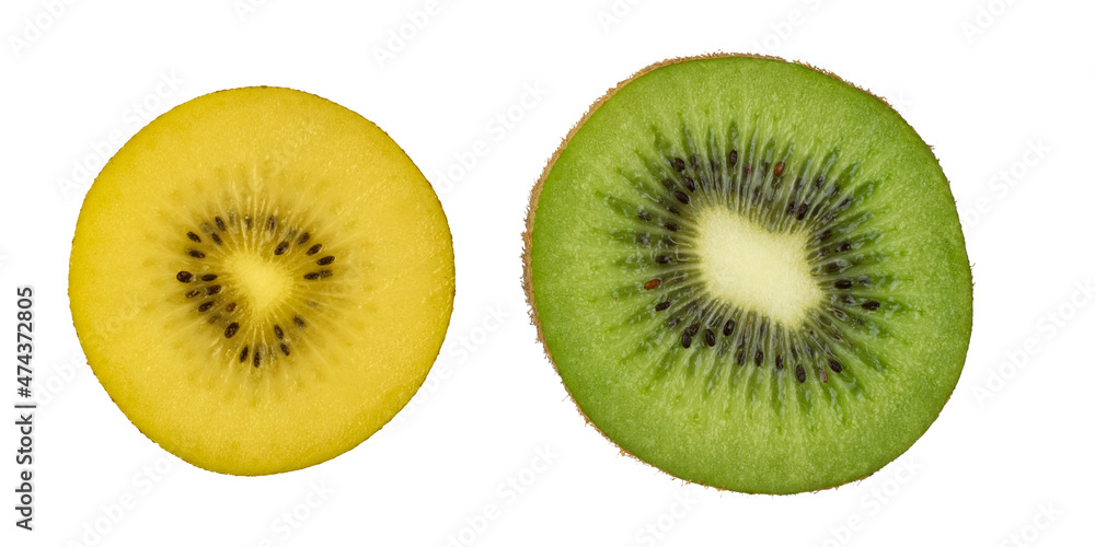 Fototapeta premium Yellow and green kiwi fruit slice on a white background. Bio fruits.