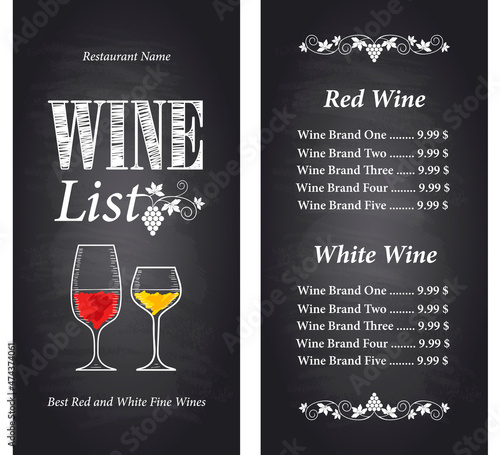 Wine list on a chalkboard background. Best red and white fine wines menu