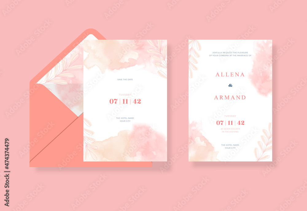 Fototapeta premium Beautiful and sweet watercolor wedding card template