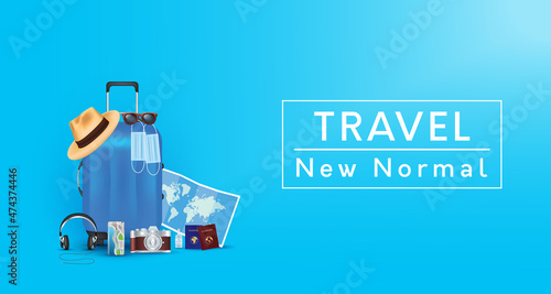 Tourism Safe Travels in holiday with Mask and suitcase, sanitizer on blue background. New normal concept. Vector EPS10
