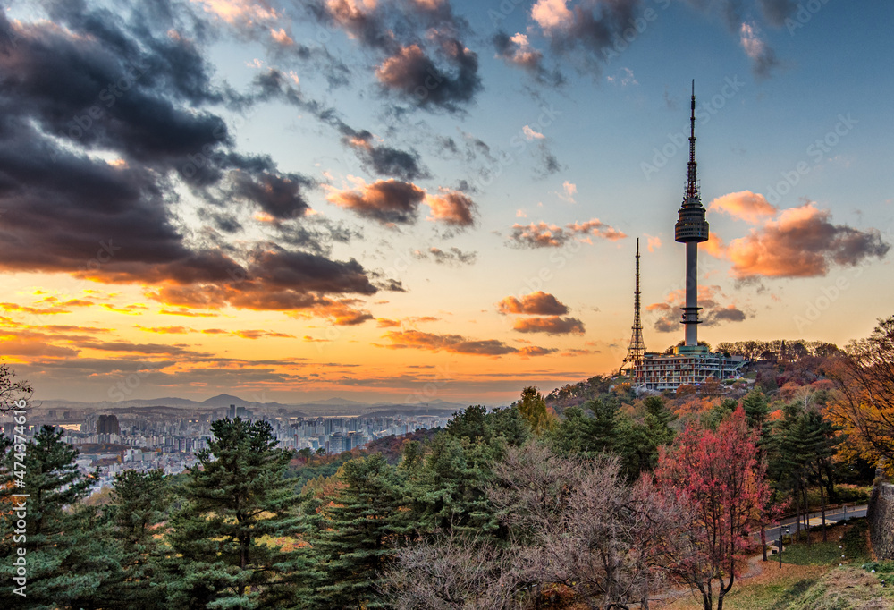 Namsan mountain at sunset in autumn, Seoul, South Korea.