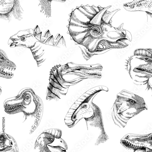Hand drawn seamless pattern with dinosaurs.