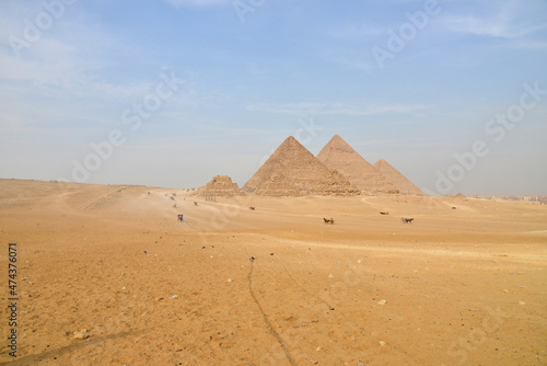 The pyramids at Giza in the desert.