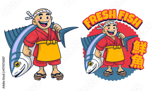 Cartoon Japan Fish Seller with Giant Fish