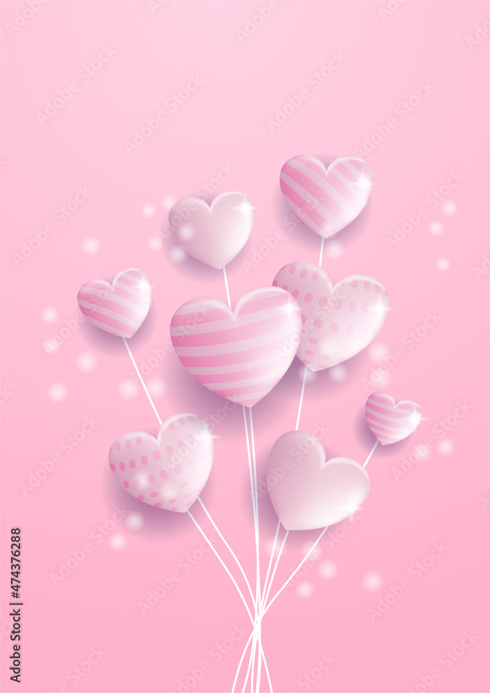 Valentine's day concept posters. Vector illustration. 3d red and pink paper hearts with frame on geometric background. Cute love sale banners or greeting cards
