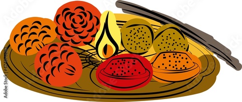 Pooja Thali, puja vector illustration. Hindu religious diwali decoration for celebrate and worship. Isolated brass plate with marigold flower, candle, turmeric powder
