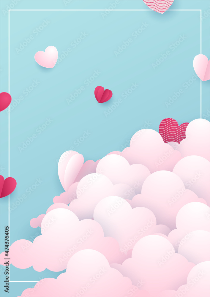 Valentine's day concept posters. Vector illustration. 3d blue and pink paper hearts with frame on geometric background. Cute love sale banners or greeting cards