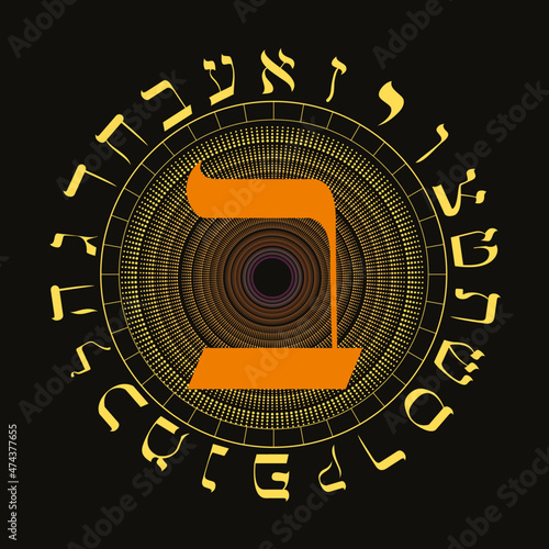 Vector illustration of the Hebrew alphabet in circular design. Hebrew letter called Beth large and reddish orange.