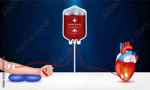 ็Hands of the recipient to donate blood and human heart. Blood donation concept heart medical sign. Give blood save life, World blood donor day-June 14. 3D Vector EPS10 illustration.