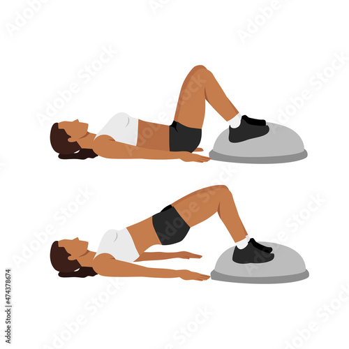 Woman doing Bosu ball bridges hip raises. Glute bridges flat vector illustration isolated on white background