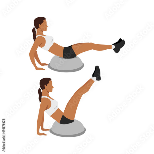 Woman doing v-ups exercise using Bosu ball flat vector illustration isolated on white background