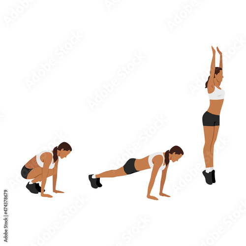 Exercise guide with woman doing the Squat Thrust Burpee position in 3 step. Illustration about workout diagram.