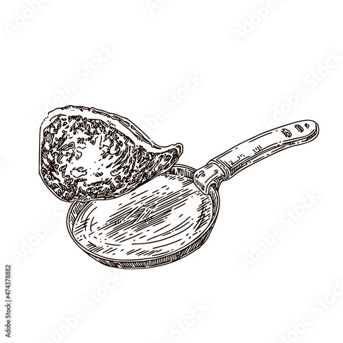 Flying pancake and frying pan. Sketch. Engraving style. Vector illustration.