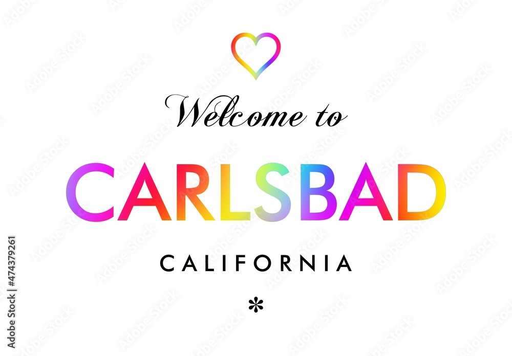 Welcome to Carlsbad California card and letter design in rainbow color.