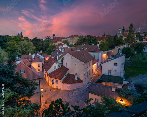Hidden mysterious street in Prague at blue hour