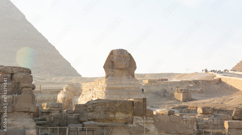 Egyptian Sphinx against the background of the ancient pyramids in Giza Egyptian Sphinx against the background of the ancient pyramids in Giza
