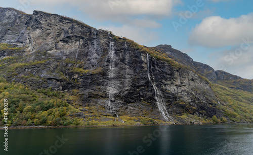 The Seven Sisters waterfall (Norwegian: De Syv Søstrene, Knivsflåfossen) located along the Geirangerfjorden in Stranda Municipality in Møre og Romsdal county, Norway