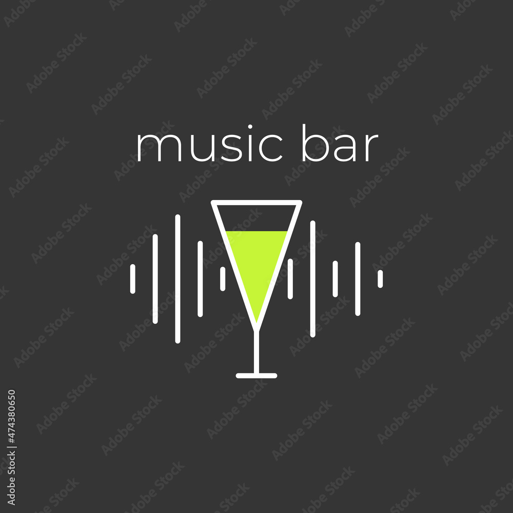 Minimalistic black and white logo of an alcoholic establishment. Logo for a bar, shop, restaurant. A cocktail glass on the background of a running music track and the inscription Minimalistic black and white logo of an alcoholic establishment. Logo for a bar, shop, restaurant. A cocktail glass on the background of a running music track and the inscription