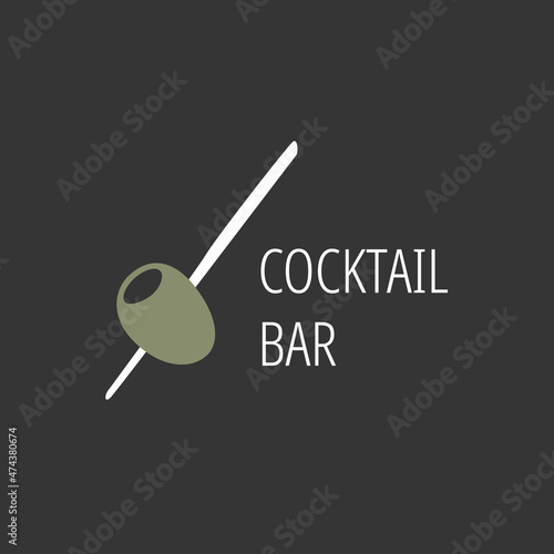 Minimalistic logo for alcoholic bar, shop, restaurant. Green olive on a skewer on a black background with the inscription "cocktail bar".