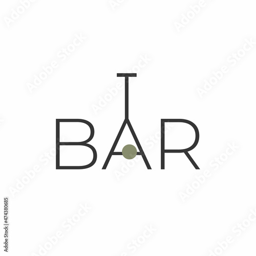 Minimalistic logo for alcoholic bar, shop, restaurant. A glass of red wine on a black background with the inscription "bar".