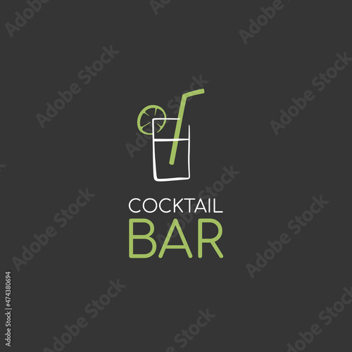 Alcohol logo. Logo for a bar, shop, restaurant. A glass with a straw and lemon on a black background with the inscription "cocktail bar".