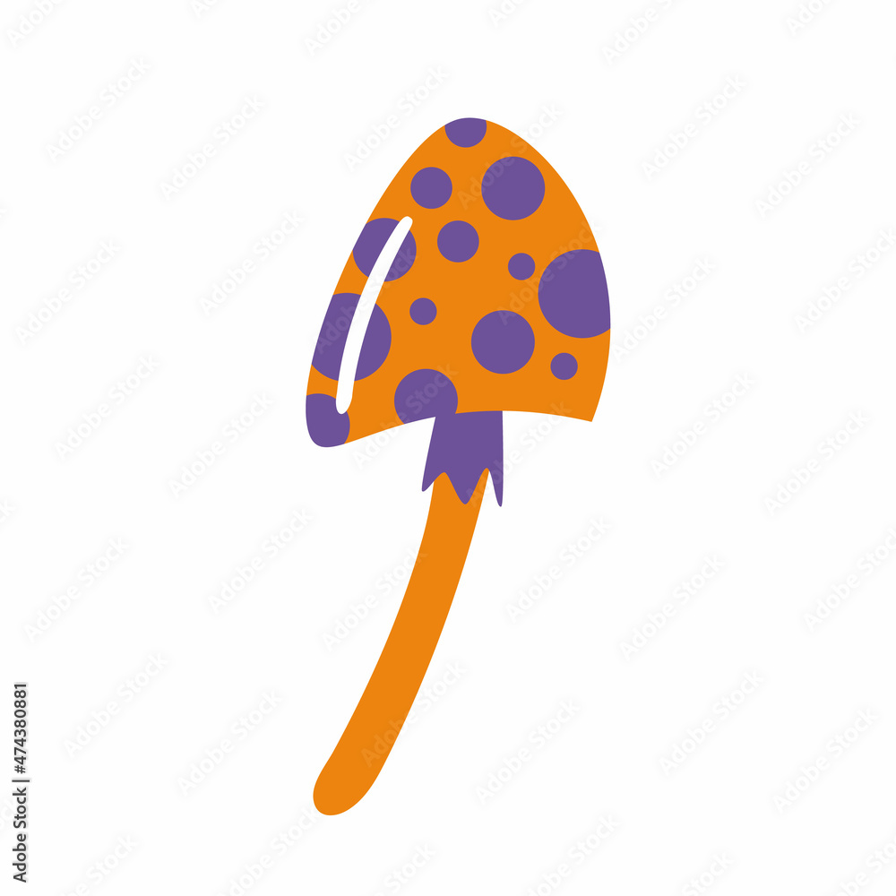 Poisonous orange mushroom with purple spots.The mushroom icon.Halloween concept.Vector illustration isolated on white background.Design element.Simple flat image.Hand-drawn art. Poisonous orange mushroom with purple spots.The mushroom icon.Halloween concept.Vector illustration isolated on white background.Design element.Simple flat image.Hand-drawn art.