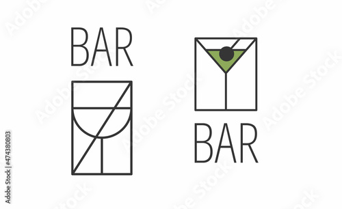 Minimalistic abstract set of logos for alcoholic bar, shop, restaurant. A glass for red wine and martini with the inscription "bar". Vector illustration symbol.